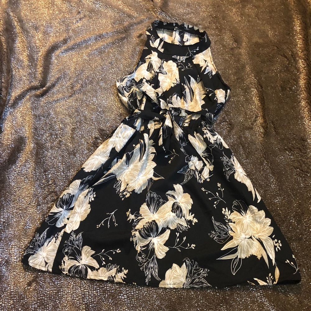 High neck black floral dress